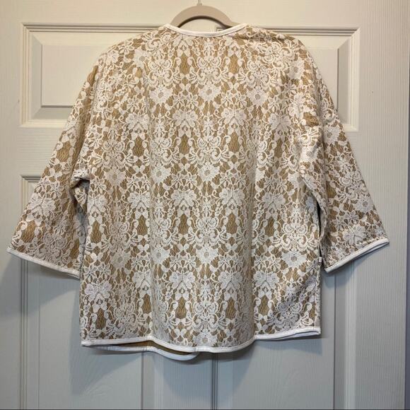 Chicos Bonded Lace Henrietta Cardigan Jacket Faux Leather Tan White Size 2 Large - Picture 6 of 6